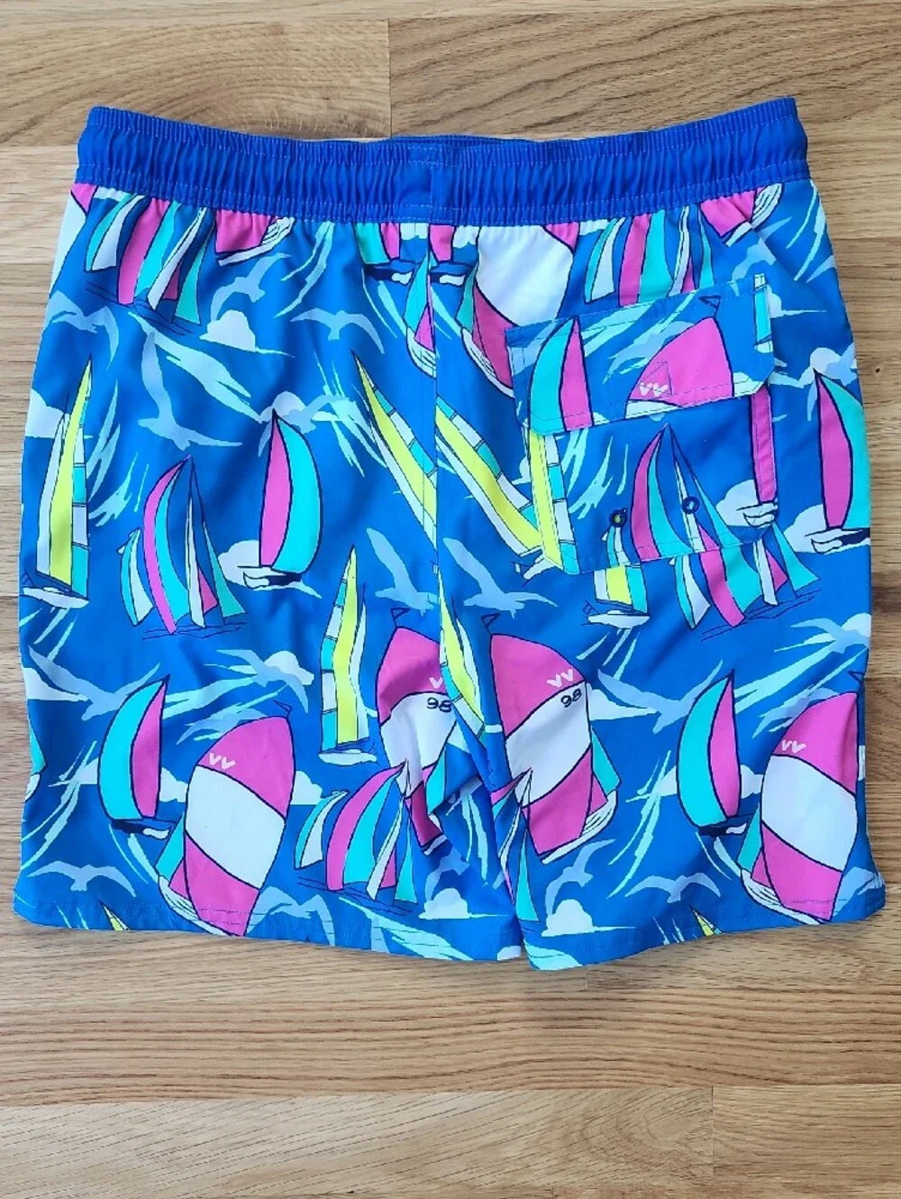 Vineyard Vines Blue Sailboat Print Boys Swim Trunks with Pink Drawstring
